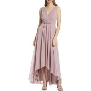 Eliza J Rose Pink Crystal Detail High Low Chiffon Evening Gown Size 18W NWT